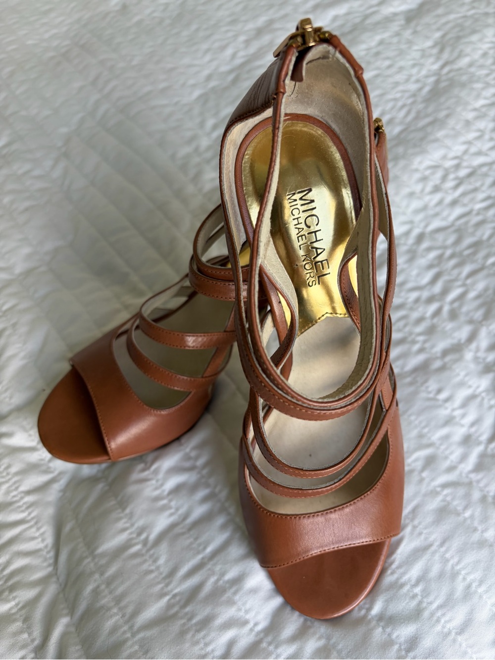 Michael Kors Cognac Multi-Strap Leather Heels